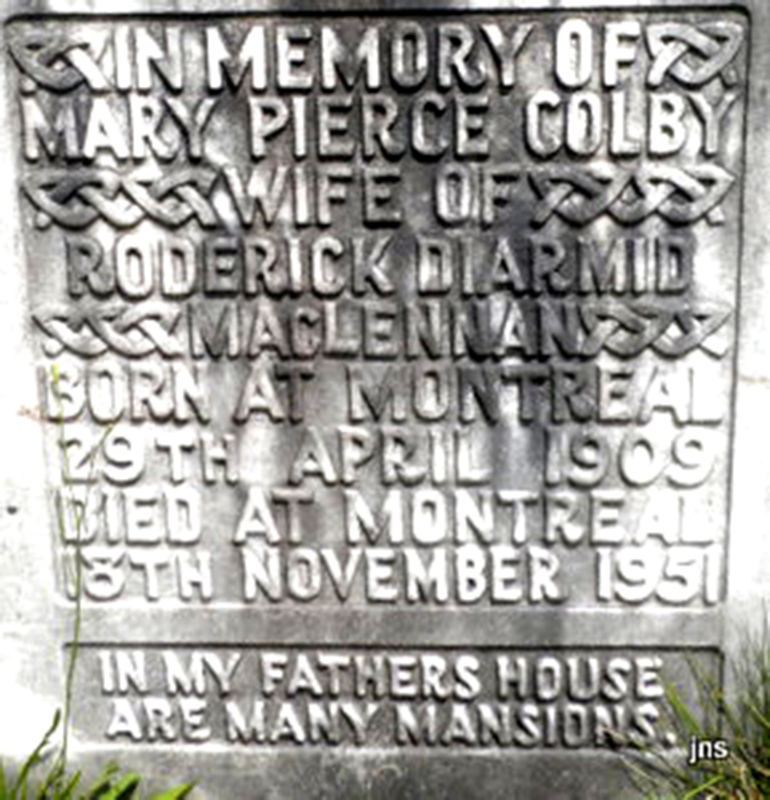 Photo of headstones/Mary Pierce Colby d1951 hdstn Stanstead Crystal Lake cem Qu